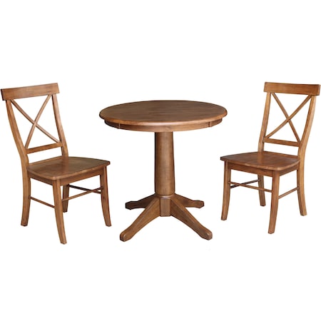 International Concepts Round 30 in Rd Top Pedestal Table, 2 X-Back Chairs, Distressed Oak, 30 in W, 30 in L, 29.9 in H, Wood K42-30RT-27B-C613-2